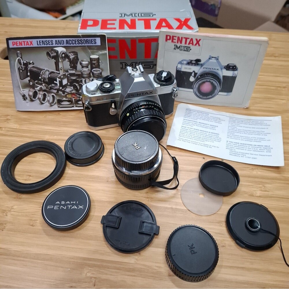PENTAX MG 35mm SLR Camera Body Box Manuals FOR PARTS REPAIR Shutter Stuck. Lens